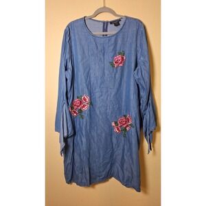 Ashley Stewa Chambray Floral Embroidered Dress Size 16 Office Cottagecore Casual